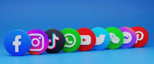 Row of colorful social media icons on a blue background
